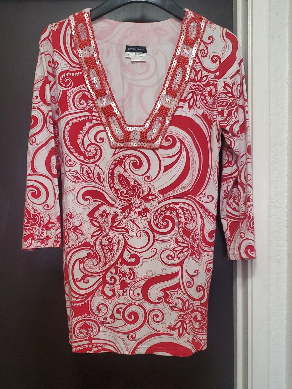 Sophisticate Red & White Sequin Neck  Top By Boston Proper
